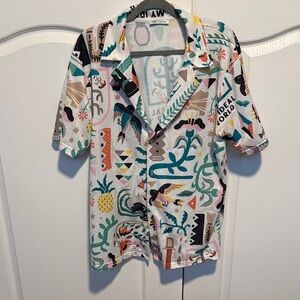 Zara White Multicolor Tropical Print Casual Button-Down Shirt
